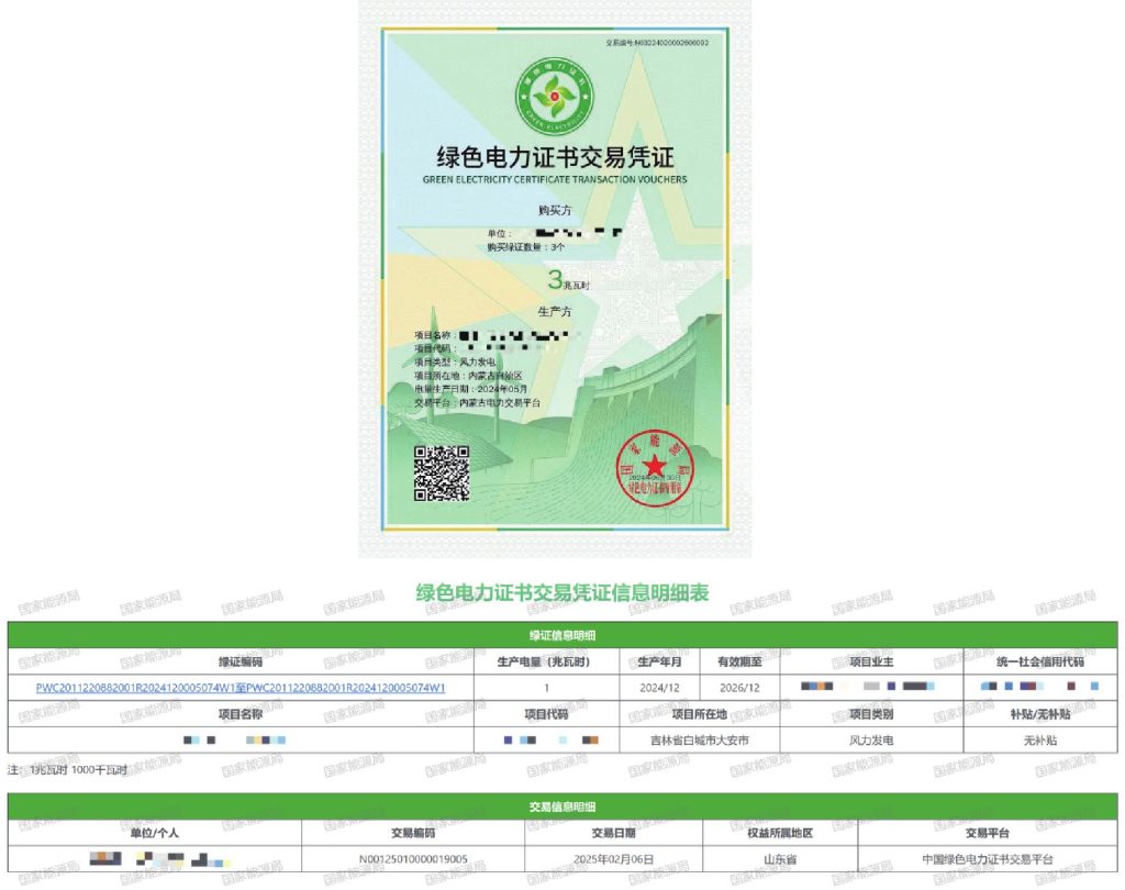 中国绿证交易凭证样式及信息明细表